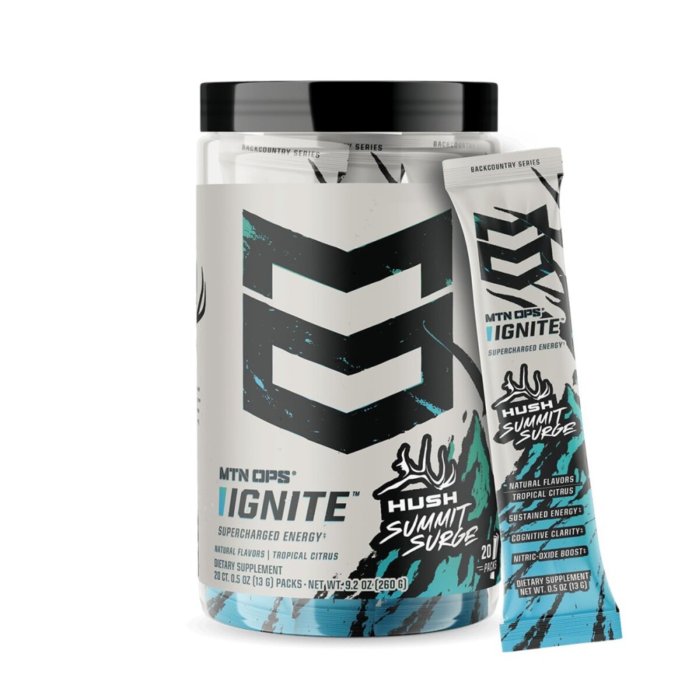 MTN OPS Ignite Trail Packs Energy Drink Powder, Gluten Free Nootropic Supplement Drink Mix, L Arginine, L Citrulline, Caffeine & Nootropic Sugar Free Drink Mix, 20 Servings, Hush Summit Surge