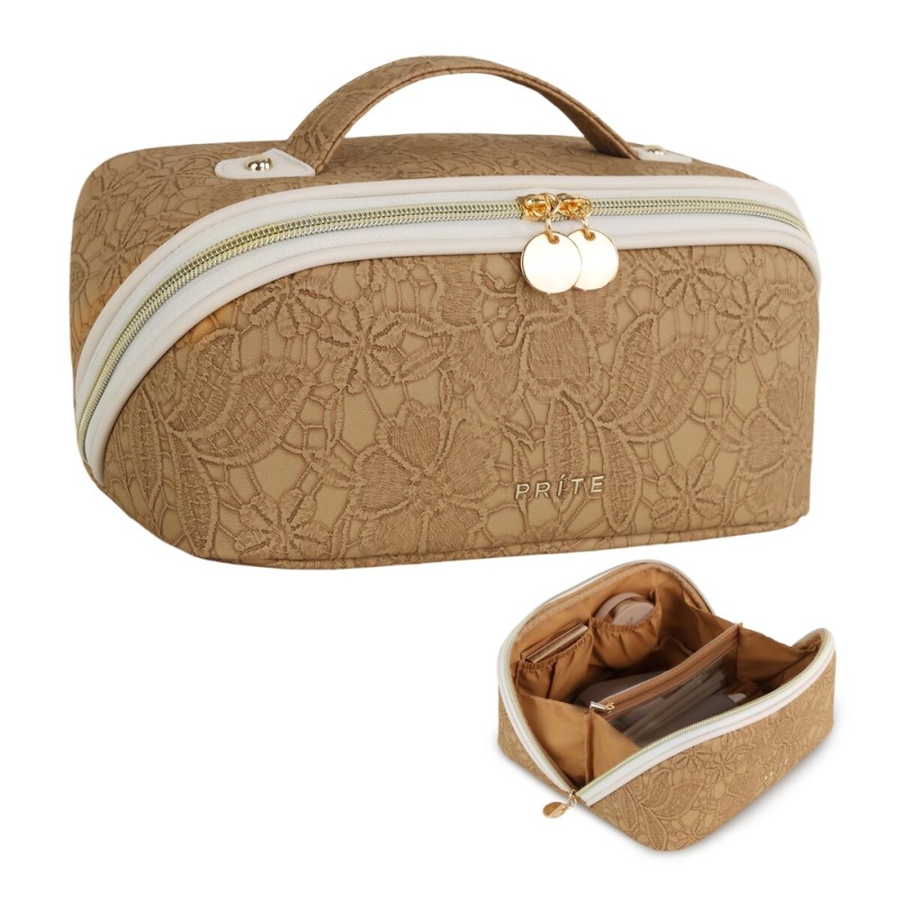 Prite Travel Cosmetic Bag Makeup Organizer Bag For Women Large Capacity Waterproof PU Leather Toiletry Bag with Handle and Clear Divider(Brown Flower)