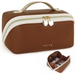 Prite Travel Cosmetic Bag Makeup Organizer Bag For Women Large Capacity Waterproof PU Leather Toiletry Bag with Handle and Clear Divider(Dark Brown)