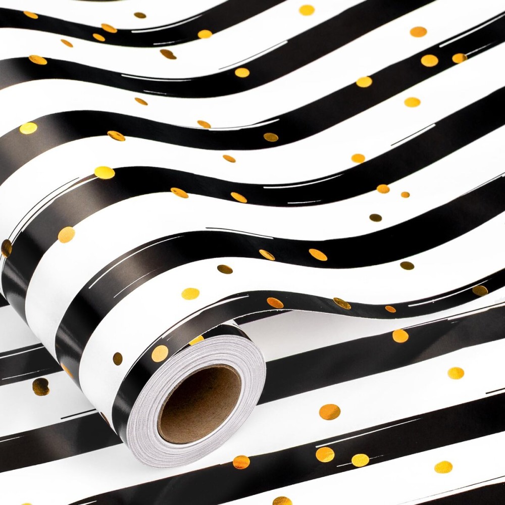 MAYPLUSS Stripe Wrapping Paper, Black and White Striped Wrapping Paper, Chic Black & White Stripes with Gold Speckles Birthday Gift Wrap for Father\'s Day, Graduations, Christmas (17 Inch X 16.5 Feet)