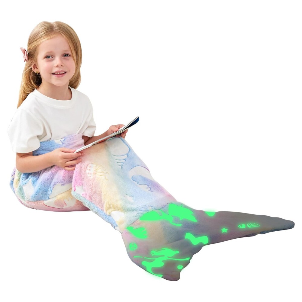 Viviland Kids Mermaid Tail Blanket - Mermaid Tail Blankets Glow in The Dark - Flannel Mermaid Blanket Gifts for Girls - Luminous Unicorn Super Soft Tie Dye Girls - Multicolor Jellyfish 1739