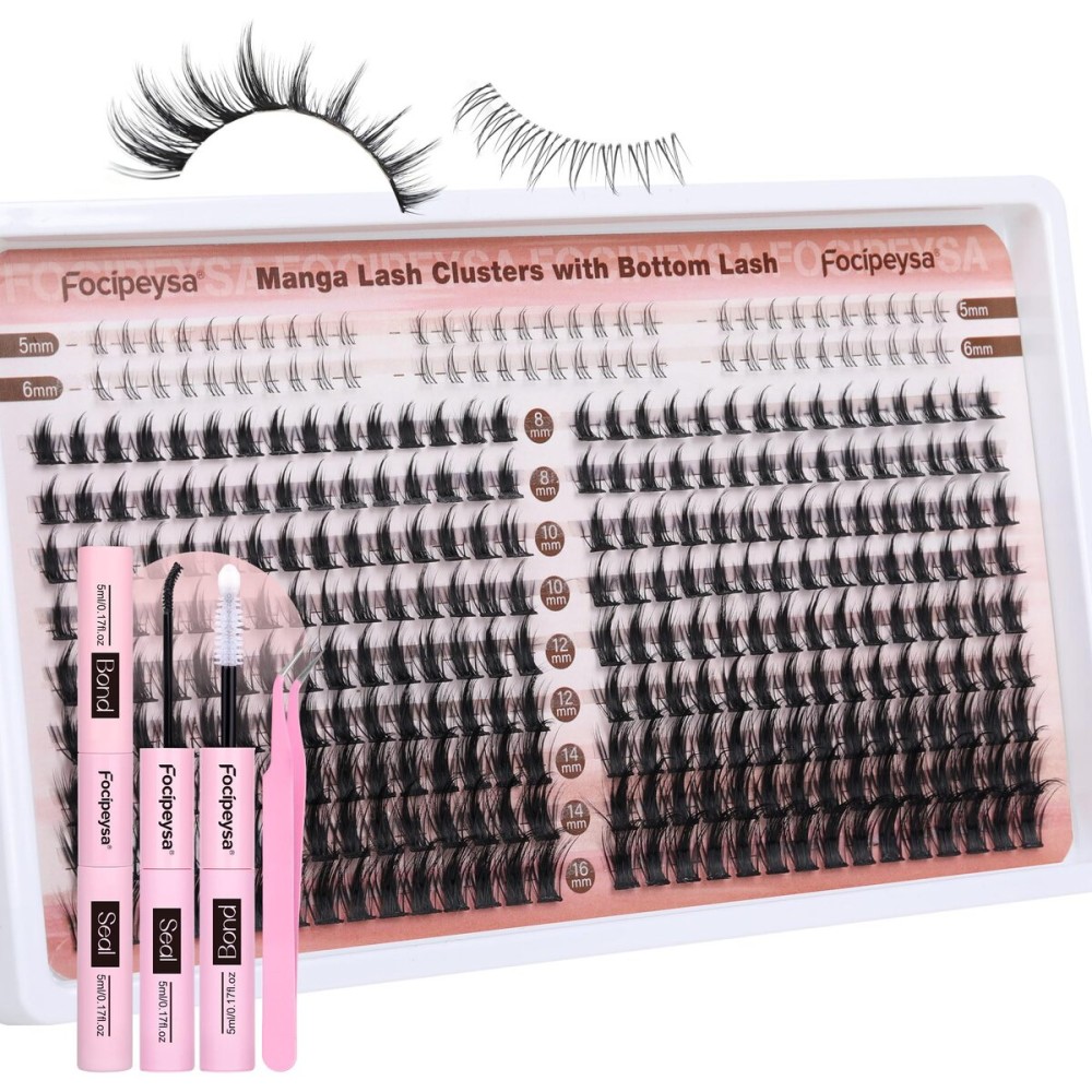 Focipeysa Manga Lash Clusters Kit Wispy Eyelash Extensions Kit 330Pcs Anime Lashes Extension with Lash Bond and Seal 8-16mm Individual Eyelash Extension with Bottom Lashes Extension