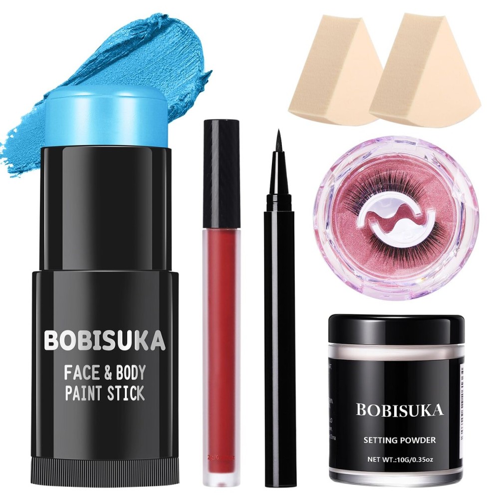 BOBISUKA Sally Halloween Makeup Kit- Light Blue Face Body Paint Stick with Red Lipstick, Black Eyeliner, Self-Adhesive Lashes, Setting Powder & Sponges Makeup Set For Avatar, Corpse Bride, Theme Party