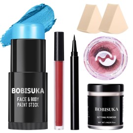 BOBISUKA Sally Halloween Makeup Kit- Light Blue Face Body Paint Stick with Red Lipstick, Black Eyeliner, Self-Adhesive Lashes, Setting Powder & Sponges Makeup Set For Avatar, Corpse Bride, Theme Party