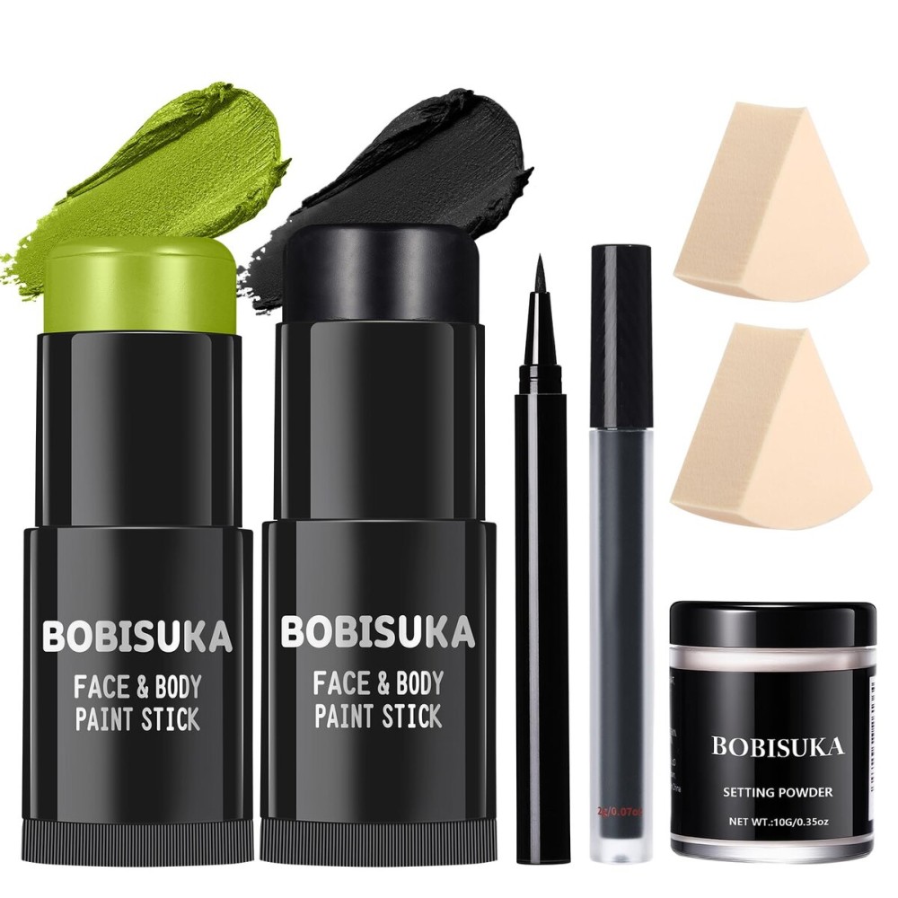 BOBISUKA Light Green & Black Face Body Paint Stick Kit with Black Lipstick & Eyeliner Pen, Setting Powder & 2 Sponges - Halloween Makeup Set for Beetle Juice, Demon, Monsters, Witches & Gothic Looks