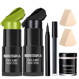BOBISUKA Light Green & Black Face Body Paint Stick Kit with Black Lipstick & Eyeliner Pen, Setting Powder & 2 Sponges - Halloween Makeup Set for Beetle Juice, Demon, Monsters, Witches & Gothic Looks