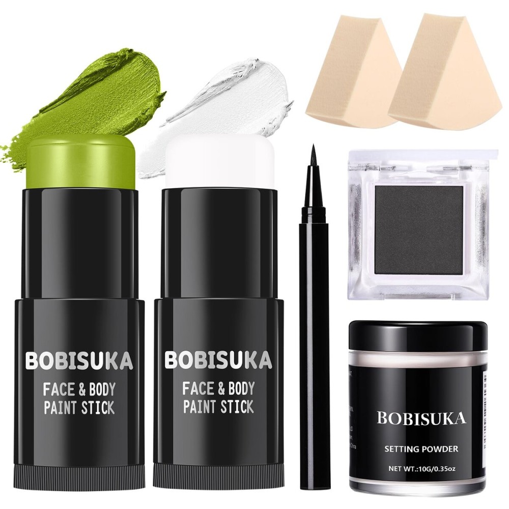 BOBISUKA Light Green & White Face Body Paint Stick Kit with Black Eyeshadow, Black Liquid Eyeliner, Setting Powder & 2 Sponges - Halloween Cosplay Makeup Set for Witch, Beetle Juice, Monster, Goblin