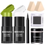 BOBISUKA Light Green & White Face Body Paint Stick Kit with Black Eyeshadow, Black Liquid Eyeliner, Setting Powder & 2 Sponges - Halloween Cosplay Makeup Set for Witch, Beetle Juice, Monster, Goblin