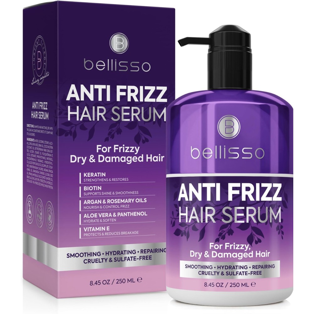 BELLISSO Anti Frizz Hair Serum for Frizzy and Damaged Hair - Humidity Treatment Control - Styling and Smoothing Products for Women and Men - 8.45 Fl Oz