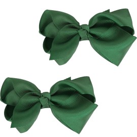 3 Inch Grosgrain Bow for Little Girls- Set of 2 (Forest Green)