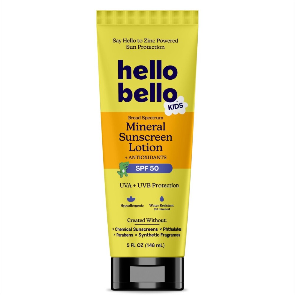 Hello Bello Kids Mineral Sunscreen SPF 50 Lotion - Broad Spectrum Sun Protection for Sensitive Skin - Water Resistant with Antioxidants - 5oz