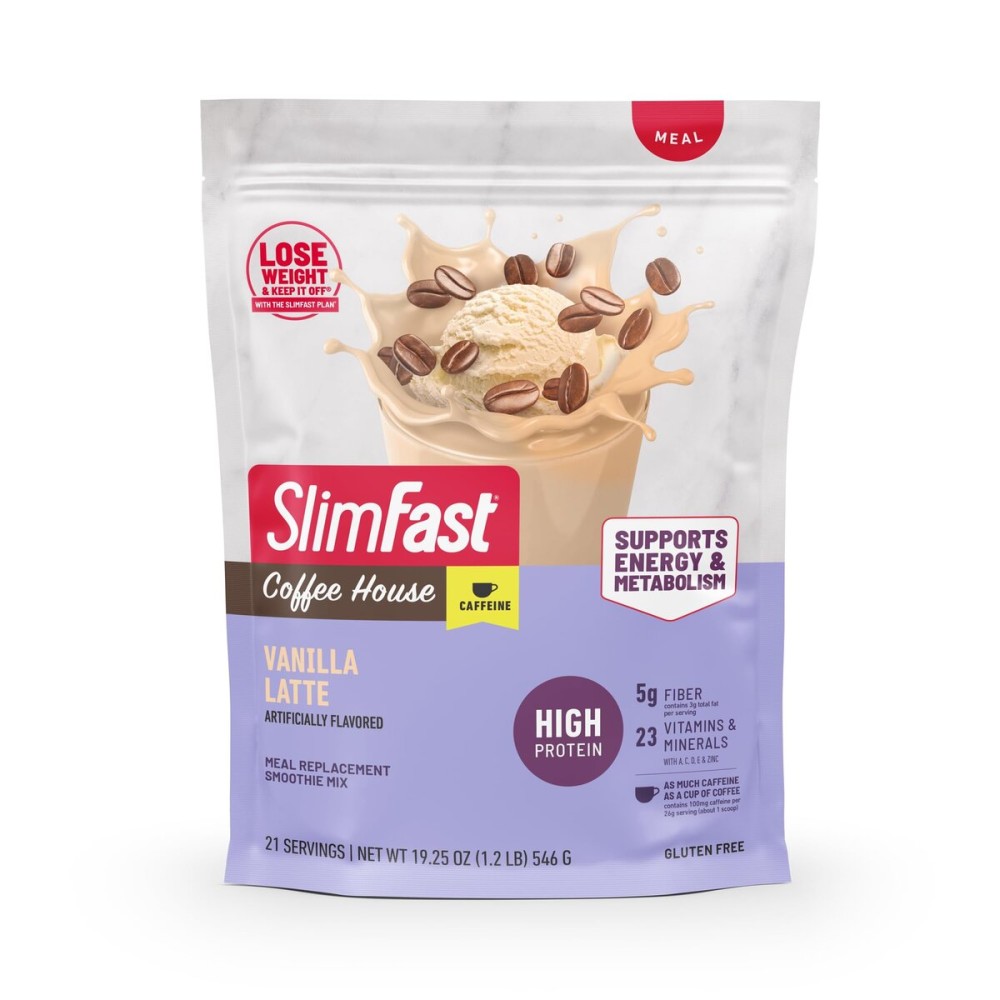 SlimFast High Protein Meal Replacement Powder, Caffeine Protein Powder, Energizing Protein Mix, Vitamin and Mineral Blend, Gluten Free, Coffee Flavored Protein Powder, Vanilla Latte, 21 Servings