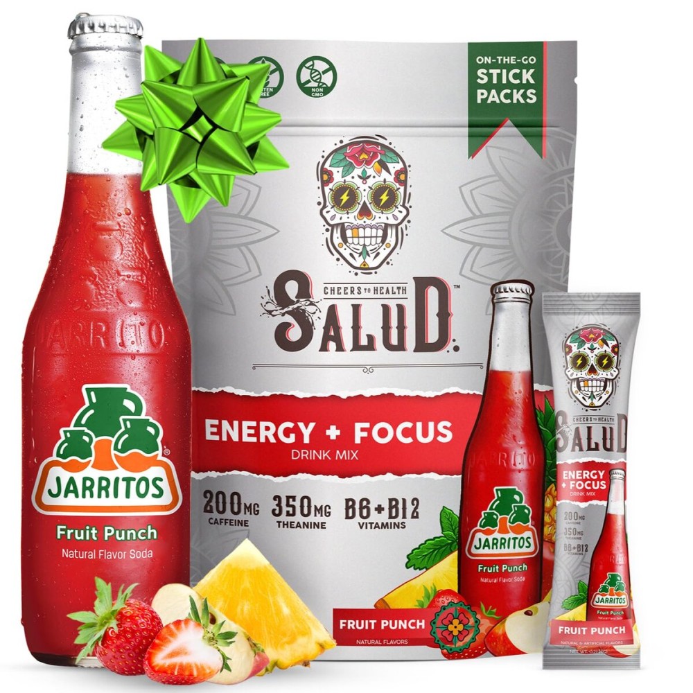 Salud x Jarritos 2-in-1 Energy Drink Powder + Focus, Fruit Punch, Organic Caffeine, B6 + B12, Theanine, Clean Energy Drink Packets, Agua Fresca Mix, Non-GMO, Gluten Free, 1g of Sugar, (15 Servings)