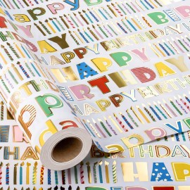MAYPLUSS Foil Happy Birthday Wrapping Paper Roll - 17 In x 16.5 Ft - Shiny Colorful Happy Birthday Lettering Girl Festival Gift Wrap Paper for Party, Baby Showe