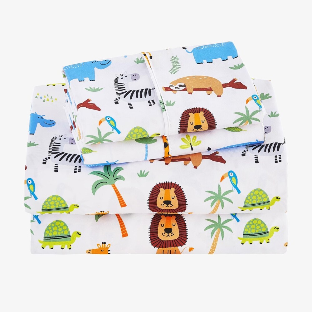 Viviland 3 Pieces Girls Boys Wild Forest Animals Twin Sheet Set - Soft Microfiber Fitted Flat Sheets & Pillowcase - Kids Lion Elephant Print Bedding Sets - for Kids & Toddlers