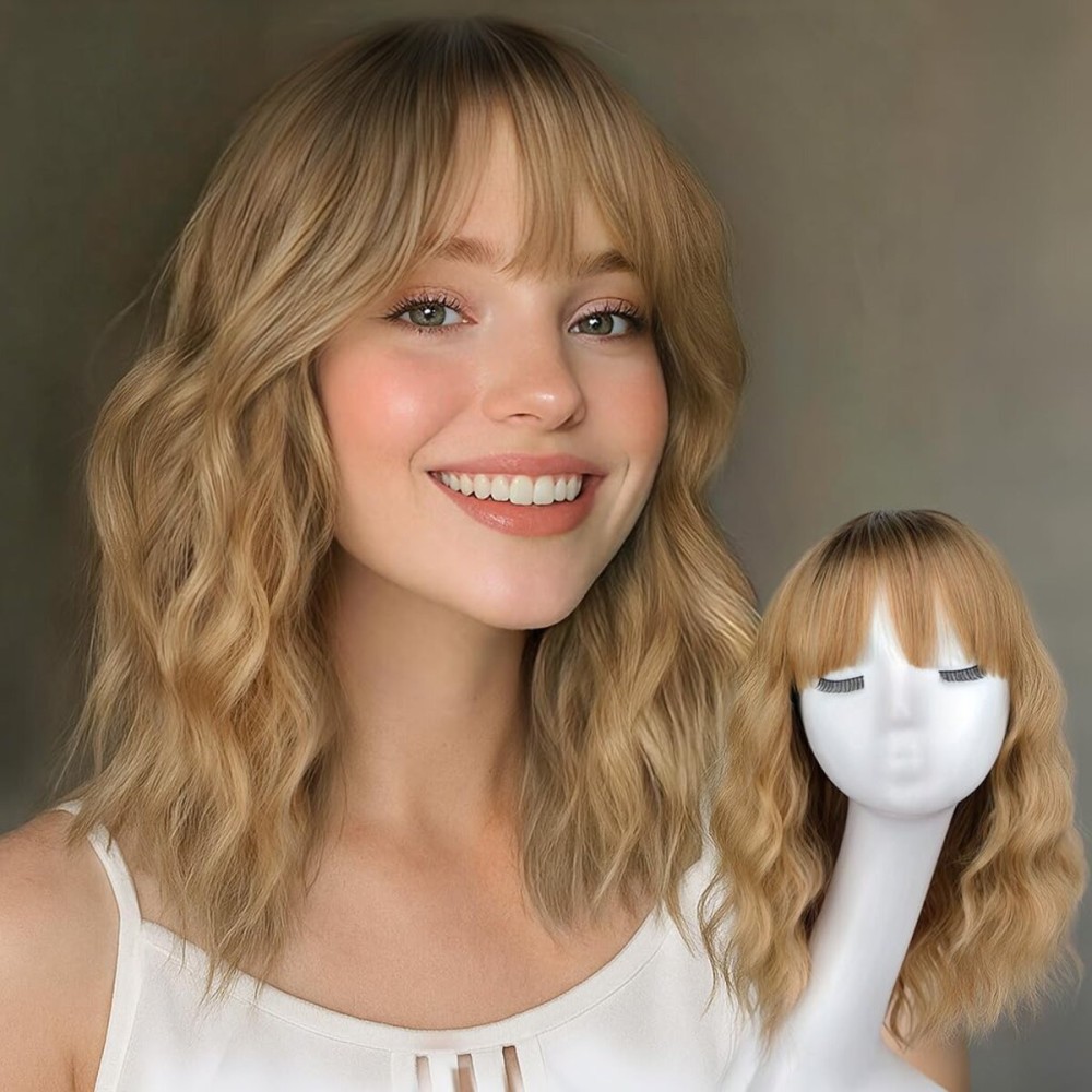 Nnzes Blonde with Light Brown Wig with Bangs for Women Shoulder Length Bob Wavy Charming Synthetic Wigs with Natural Curly Heat Resistant Hair
