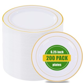 bUCLA 200PCS Gold Plastic Plates - 6.25inch White with Gold Trim Disposable Salad/Dessert/Appetizer/Small Cake Plates, Ideal for Wedding & Party