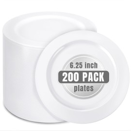 bUCLA 200PCS White Plastic Plates - 6.25inch Disposable Salad/Dessert/Appetizer/Small Cake Plates for Wedding & Party