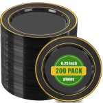bUCLA 200PCS Black and Gold Plastic Plates - 6.25inch Black with Gold Rim Disposable Dessert/Salad/Appetizer/Small Cake Plates - Ideal for Party & New Year