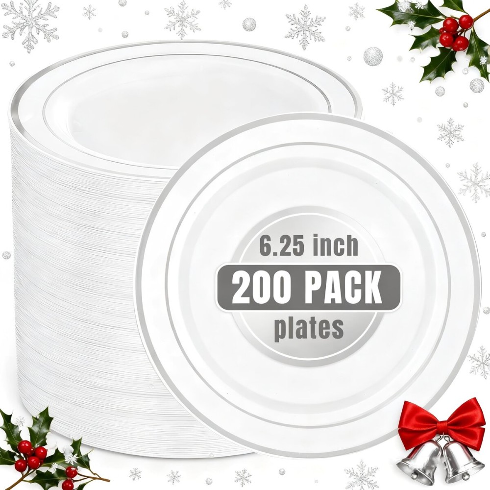 bUCLA 200PCS Silver Plastic Plates - 6.25inch White with Silver Trim Disposable Salad/Dessert/Appetizer/Small Cake Plates - Ideal for Wedding & Party