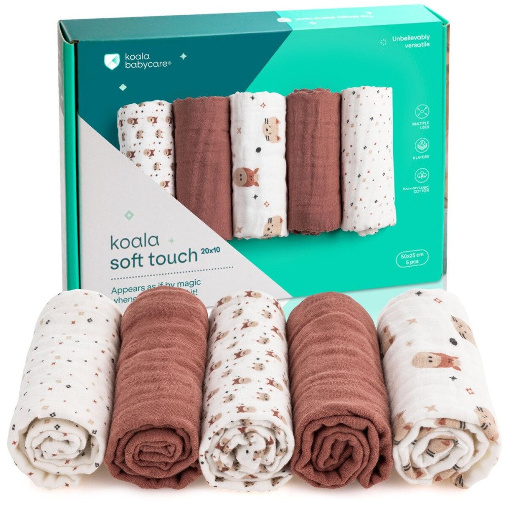 Koala Babycare 5 Pack 20x10 Muslin Burp Cloths for Baby Boys and Girls - GOTS & Oeko-TEX Cotton Burp Rags for Newborns - Absorbent Neutral Burping Cloths for Feeding - Washable Baby Bibs Essentials