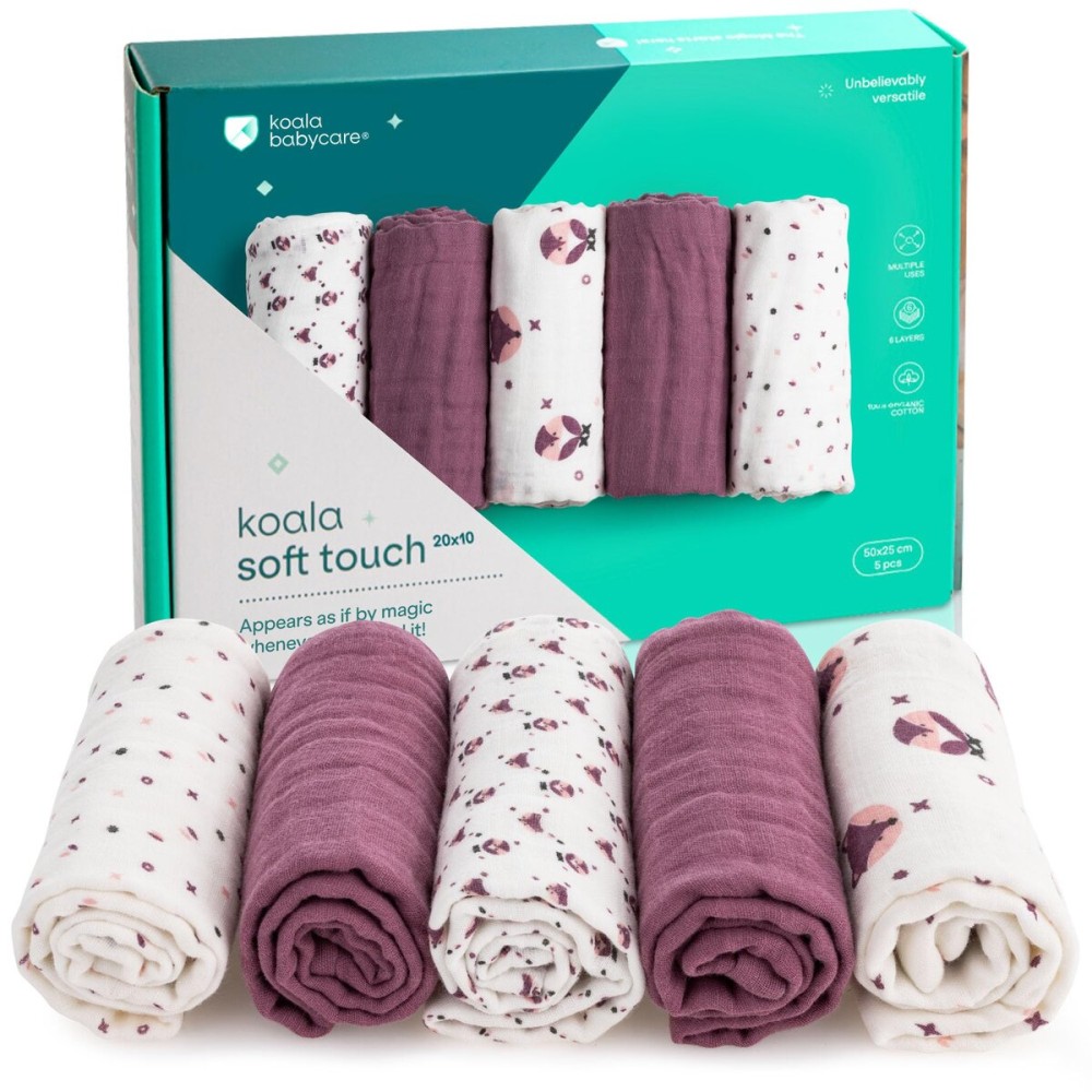 Koala Babycare 5 Pack 20x10 Muslin Burp Cloths for Baby Boys and Girls - GOTS & Oeko-TEX Cotton Burp Rags for Newborns - Absorbent Neutral Burping Cloths for Feeding - Washable Baby Bibs Essentials