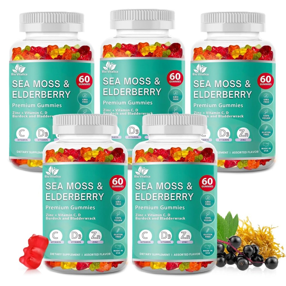 BIO VITALICA Sea Moss Gummies Elderberry BioVitalica - Vitamin C D + Zinc - Irish Seamoss Vegan Gummy with Sea Moss Gel & Powder for Immunity, Detox - for Adults and Kids (5Packs)