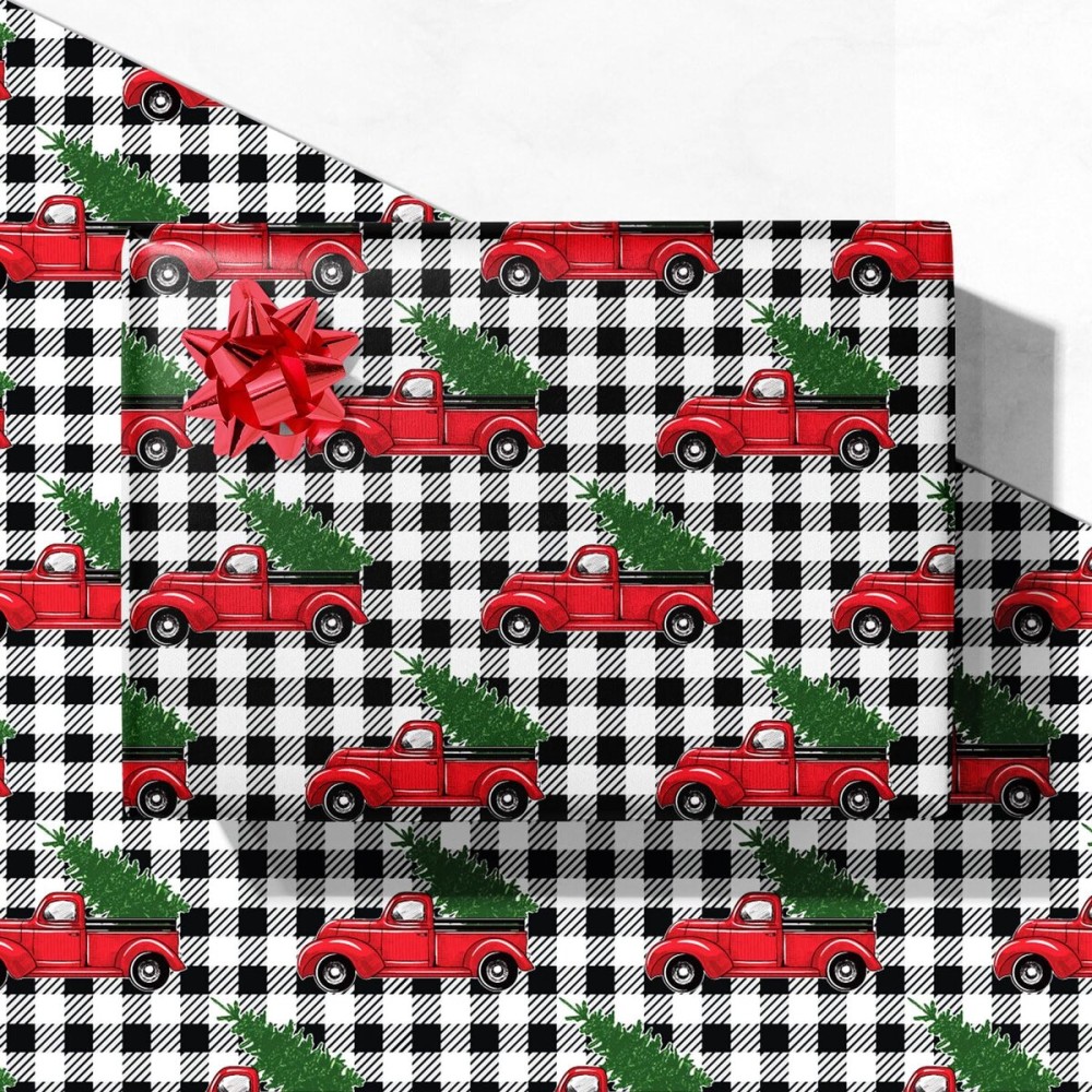 GIOLNIAY Christmas Wrapping Paper for Men Women Kids - Xmas Gift Wrap with Red Truck on White & Black Buffalo Plaid - 4 Jumbo Sheets, 2840 Each, Easy to Store