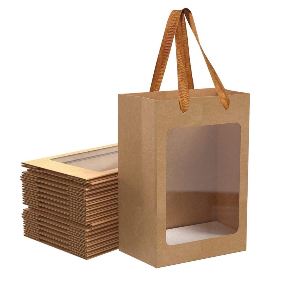 BallHull 40 Pcs Brown Paper Gift Bags with Transparent Window, 9.84x7.0x5.12 Kraft Shopping Bags with Handles for Present, Festivals Party