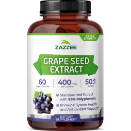 Zazzee High Strength Grape Seed 50:1 Extract, 60 Vegan Capsules, 95% Polyphenols, 400 mg per Capsule, 2 Month Supply, Standardized and Concentrated 50X Extract, Non-GMO, Made in The USA