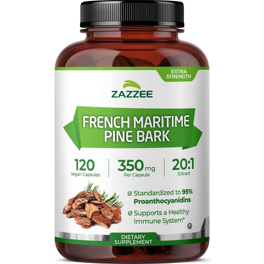 Zazzee Extra Strength French Maritime Pine Bark 20:1 Extract, 350 mg Per Capsule, 120 Vegan Capsules, 95% Proanthocyanidins, Kosher, 4 Month Supply, Standardized 20X Extract, Non-GMO, Made in The USA