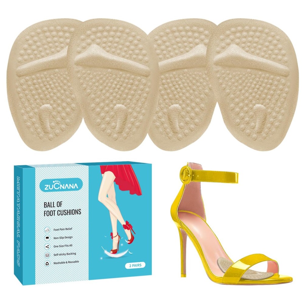 ZUCNANA Metatarsal Pads for Women, Ball of Foot Cushions, Non Slip Heel Pads for Shoes, Heel Cushions for Women Foot Pain Relief and Comfort, One Size Fits Any (2 Pairs Beige)