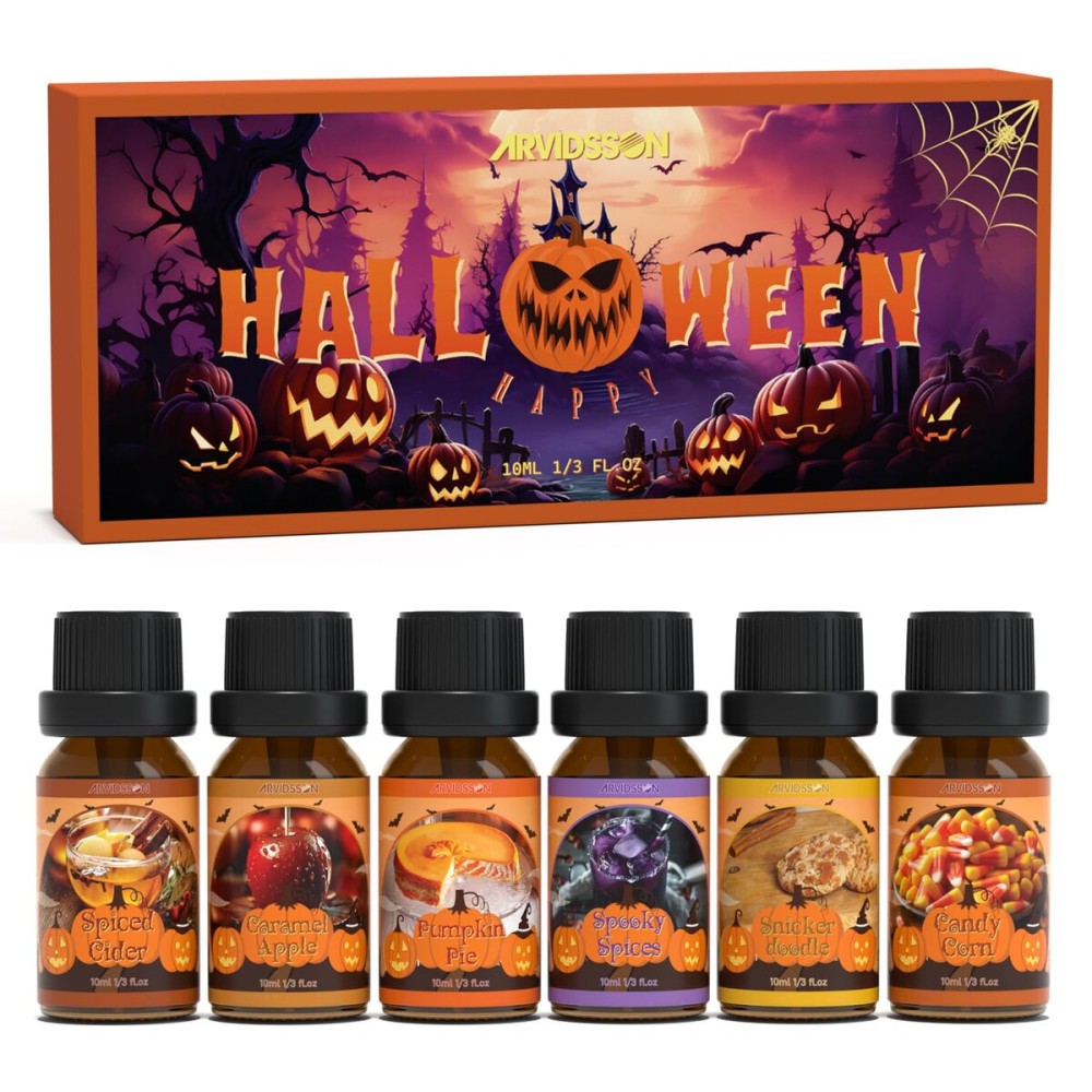 ARVIDSSON Halloween Fragrance Oils Set, Fall Essential Oils for Diffuser - Pumpkin Pie, Spiced Cider, Caramel Apple, Candy Corn, Snickerdoodle, Spooky Spices, Autumn Scented Oil Gift for Women