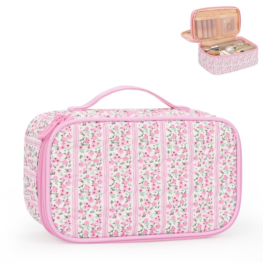 Relavel Cute Makeup Bag for Girls, Portable Pink Cosmetic Bag, Dual-layer Makeup Pouch with Brush Holder, Multi-Functional Preppy Toiletry Organizer for Travel, Daily Use - Pink Flower