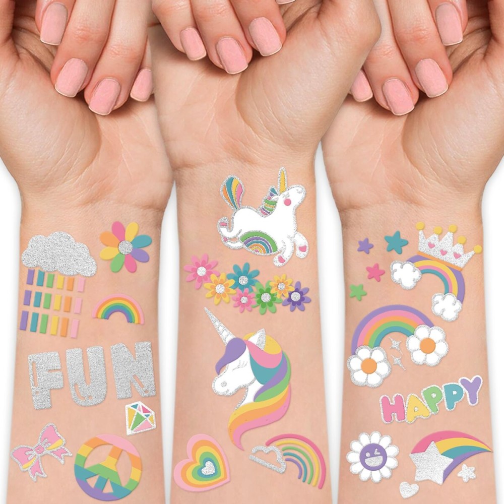 193pcs Unicorn & Truck Wheels 2 in 1 Kit Waterproof Temporary Tattoos Groovy Fake Tattoo for Kids Birthday Party Decoration, Star Smiley Rainbow Racing Car Flag Trophy Tattoo Stickers for Boys Girls