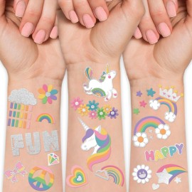 193pcs Unicorn & Truck Wheels 2 in 1 Kit Waterproof Temporary Tattoos Groovy Fake Tattoo for Kids Birthday Party Decoration, Star Smiley Rainbow Racing Car Flag Trophy Tattoo Stickers for Boys Girls