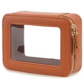 Aveniee Clear Makeup Bag, Travel Toiletry Case Car Accessories Organizer for Women, Heavy Duty Clear Pouch with Dual Zippers(Brown)