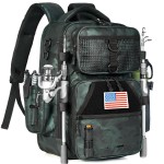 Ghosthorn Fishing Tackle Backpack with Instant Workstation & 2 Rod Holders, Waterproof Fishing Bag Large Storage Fish Gear and Equipment (Green Camouflage)