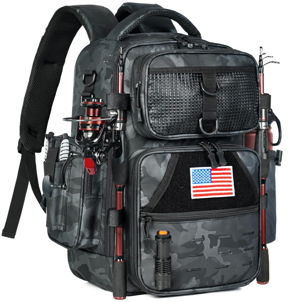 Ghosthorn Fishing Tackle Backpack with Instant Workstation & 2 Rod Holders, Waterproof Fish Bag Large Storage Fishing Gear and Equipment (Black Camouflage)