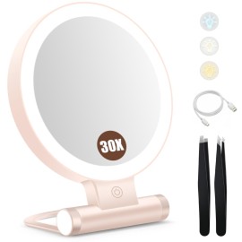 B Beauty Planet Magnifying Mirror with Light 30X, Double-Sided 1X/30X Magnifying Makeup Mirror with Tweezer, 2000mAh 3 Colour Modes with Adjustable Brightness,Foldable Compact Travel Mirror(Pink)