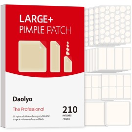 Daolyo Large Pimple Patches for Face, 7 Sizes 210 Counts XL Acne Patches, Big Hydrocolloid Bandages for Body, Chin, Forehead, Chest, Back Zit Breakouts (Strip, Square, Round)