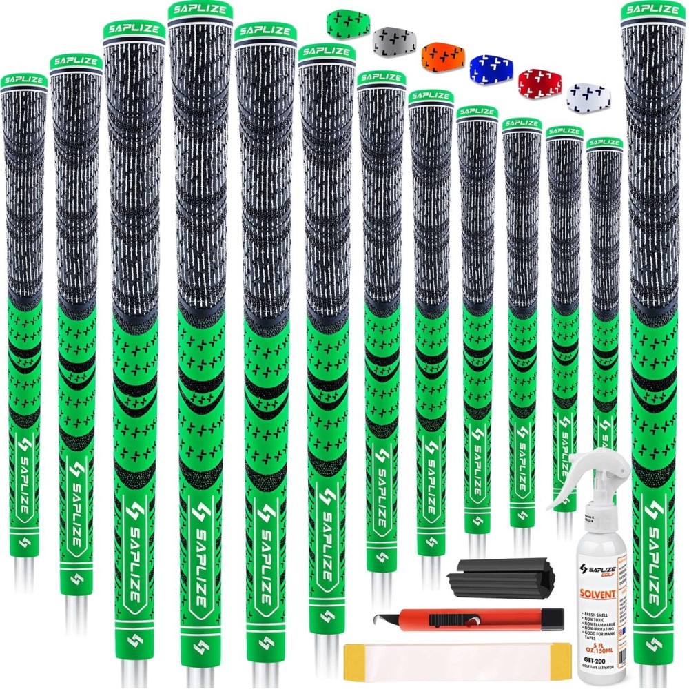 SAPLIZE Cross Cord Golf Grips Set of 13 Grips with Tape or Full Regripping Kit, Std/Mid/Jumbo, Low Taper Design, Multi-compound Hybrid, Anti-Slip Golf Club Grips, CL03 Series, Standard, Green