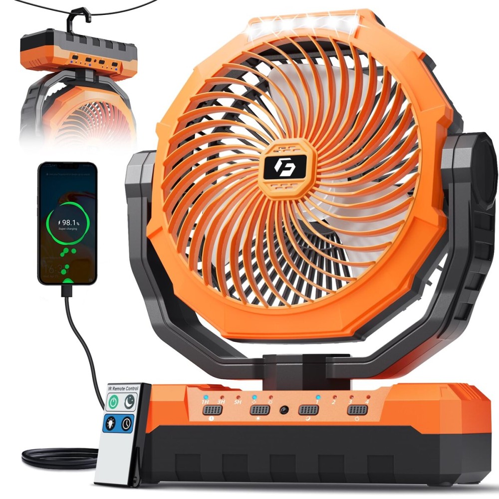 FRIZCOL 3-in-1 Camping Fan - Portable Fans Rechargeable - 24000mAh Battery Powered Fan(105Hrs) with Light & Remote for Indoor, Outdoor, Tent, Travel, Fishing, Jobsite, Gifts for Men Dad Him - Orange