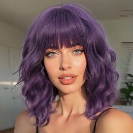 AISI HAIR Purple Synthetic Wavy Curly Bob Wig with Bangs Short Wavy Hair for Women Synthetic Heat Resistant Bob Wigs