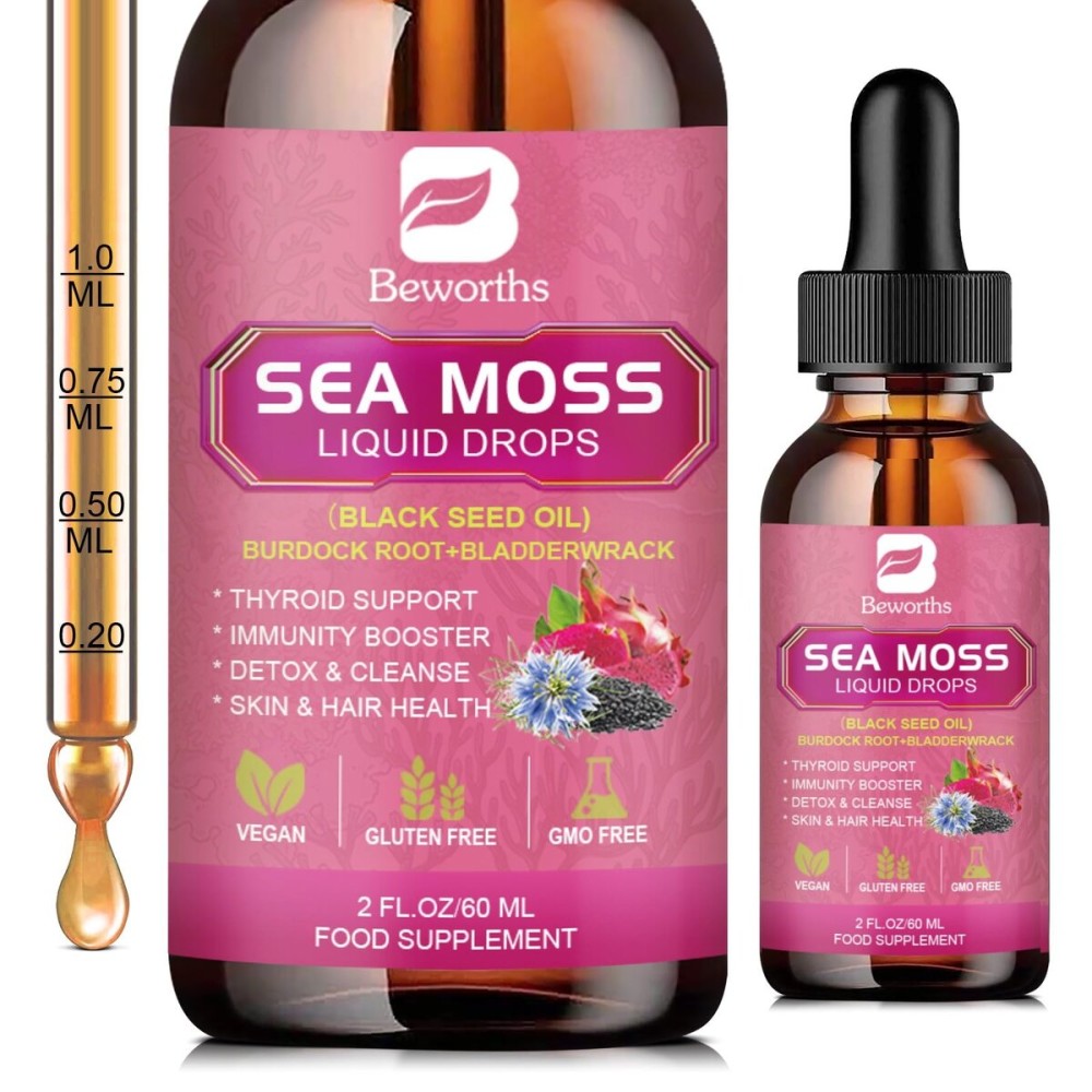 B BEWRTHS Sea Moss Liquid Drops - Black Seed Oil & Irish Sea Moss Gel with Ashwagandha, Burdock Root, Bladderwrack, Elderberry, 6X Stronger Seamoss Supplement for Immune, Digestion, Hair Health- Vegan