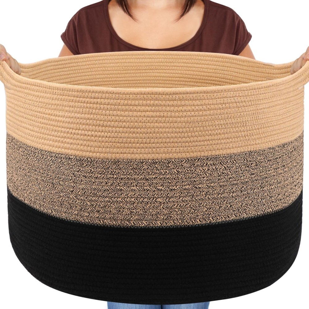 Maliton Large Woven Blanket Basket, 22 X 22 X 14 Storage Baskets for Organizing, Round Cotton Rope Toy Basket for Living Room, Bedroom- Rope Laundry Hamper with Handles - Nursery Bin