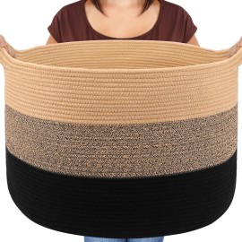 Maliton Large Woven Blanket Basket, 22 X 22 X 14 Storage Baskets for Organizing, Round Cotton Rope Toy Basket for Living Room, Bedroom- Rope Laundry Hamper with Handles - Nursery Bin