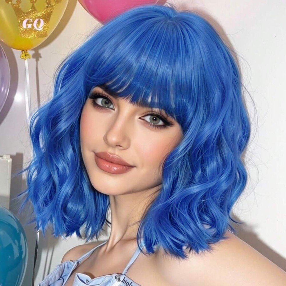 AISI HAIR Blue Synthetic Wavy Curly Bob Wig with Bangs Short Wavy Hair for Women Synthetic Heat Resistant Bob Wigs