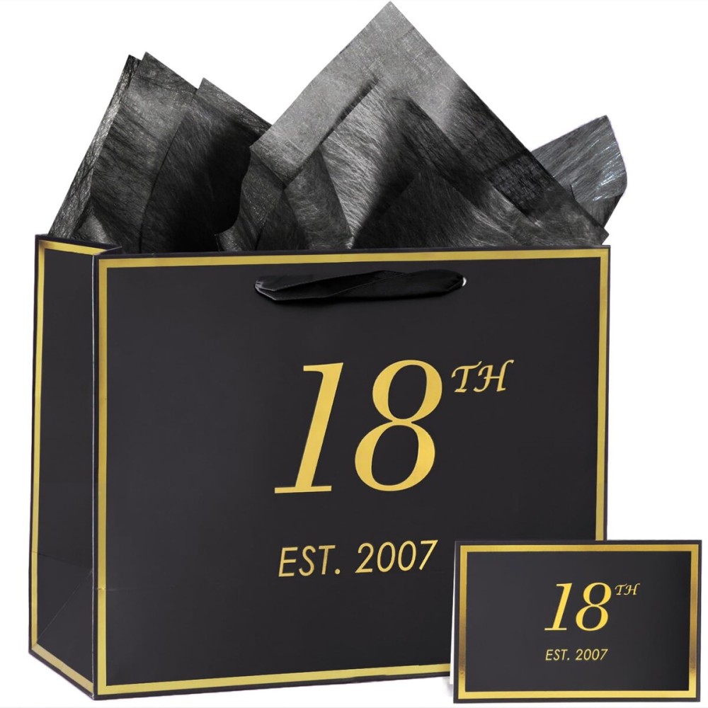 momoake 18th Birthday Gift Bag with Card and Tissue Paper for Boys Men Women, 2007 18 Year Old 13 Elegant Black Gold Anniversary Keepsake Party Present Shopping Paper Bags for Gifts Wrapping