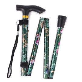 Comfkey Folding Lightweight Walking Stick - Adjustable Aluminum Metal Collapsible Travel Cane with Non-Slip Rubber Base (Green Floral)